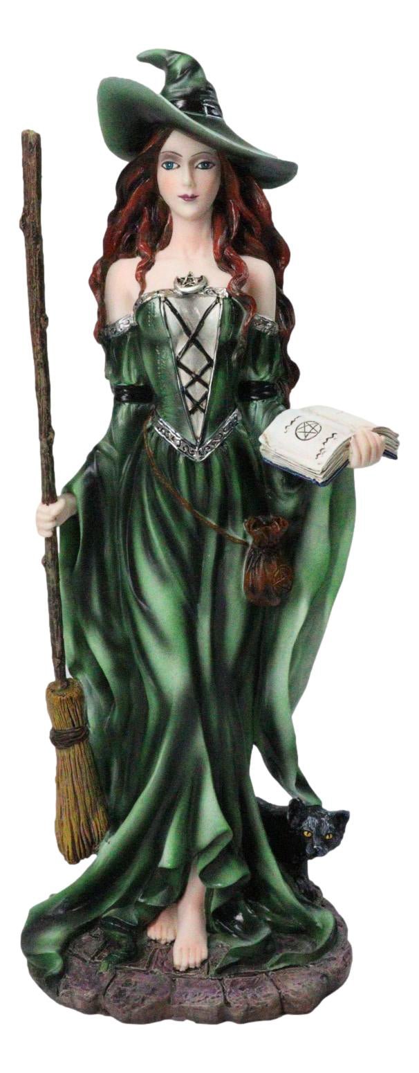 Wicca Magic Green Witch Figurine with Broomstick, Spell Book & Black Cat, 10"H