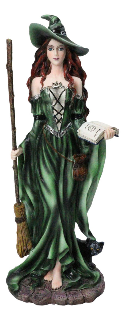Wicca Magic Green Witch Figurine with Broomstick, Spell Book & Black Cat, 10"H