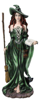 Wicca Magic Green Witch Figurine with Broomstick, Spell Book & Black Cat, 10"H