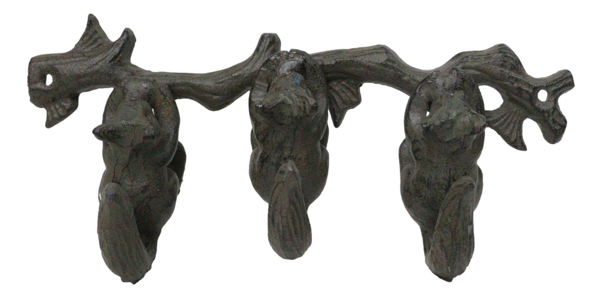 Rustic Country Cast Iron Squirrel On Tree Branch 4-Peg Wall Coat Hooks 13"L
