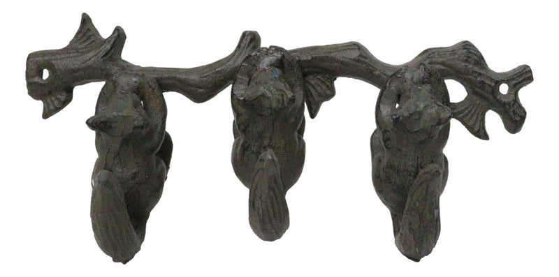 Rustic Country Cast Iron Squirrel On Tree Branch 4-Peg Wall Coat Hooks 13"L
