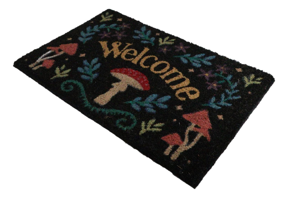 Welcome Mushrooms and Herbs Botanica Black Coir Coconut Fiber Floor Mat Doormat - Ebros Gift