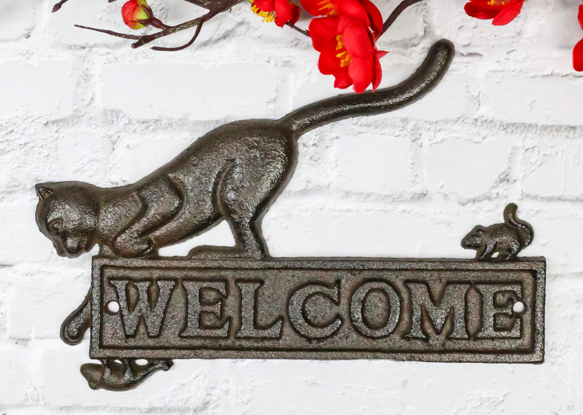 Cast Iron Whimsical Hungry Kitty Cat Chasing 2 Mice Wall Decor Welcome Sign