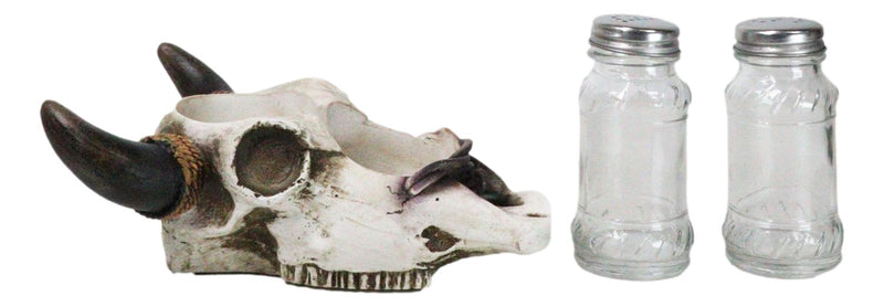 Rustic Western Cow Skull With Roped Horns Salt Pepper Glass Shakers & Holder Set