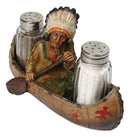 Native American Indian Chief In Canoe Boat Salt and Pepper Shaker Holder Set