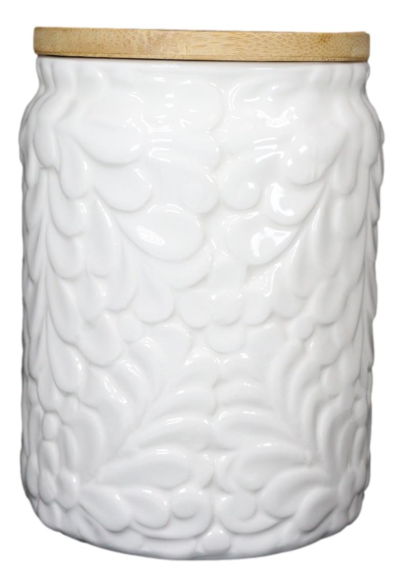Set of 2 Ceramic White Floral Air Tight Canister Storage Jars Bamboo Lid 44oz