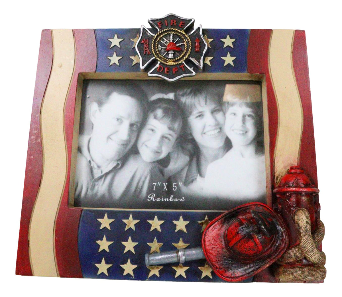 Patriotic Maltese Cross Fireman Helmet Hose Fire Hydrant USA Flag Picture Frame - Ebros Gift