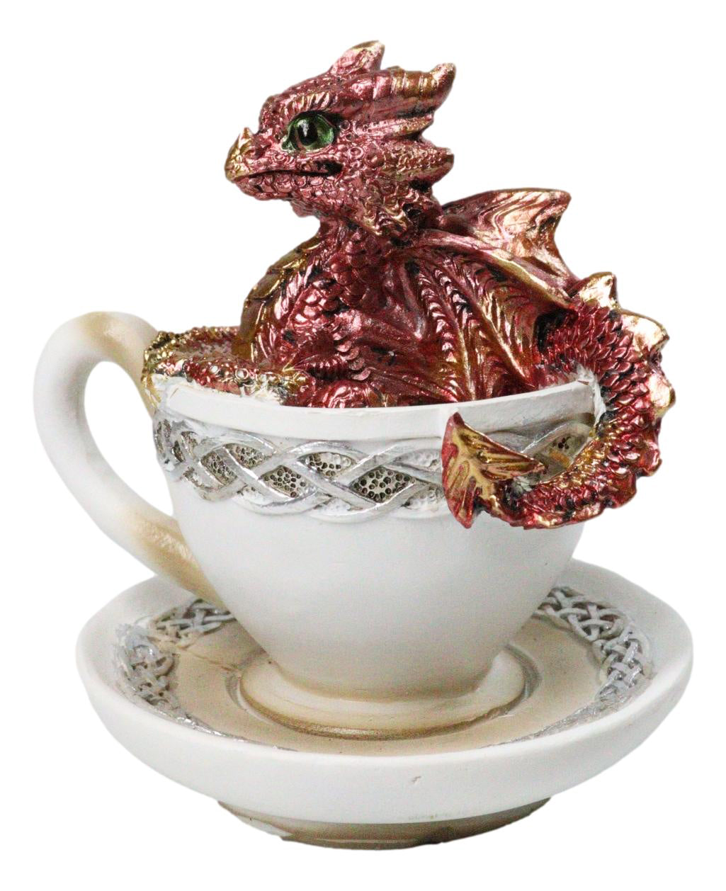 Red Metallic Baby Wyrmling Dragon Bathing In Tea Cup with Saucer Figurine