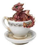 Red Metallic Baby Wyrmling Dragon Bathing In Tea Cup with Saucer Figurine