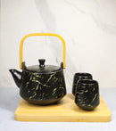 Black Marble Vein Porcelain 22oz Teapot And 2 Tea Cups With Bamboo Tray Set