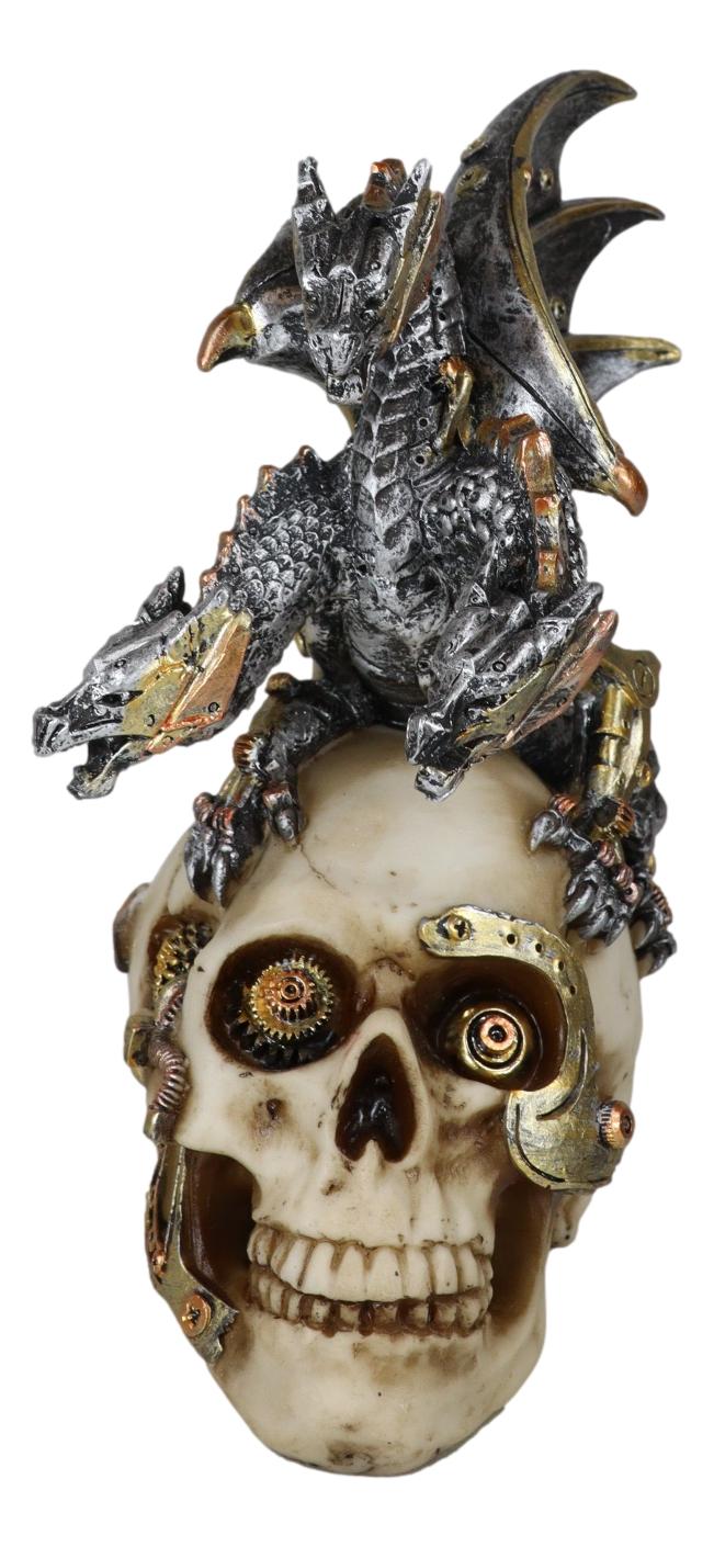 Steampunk Cyborg Skull with Perching Robotic Silver Hydra Dragon Figurine