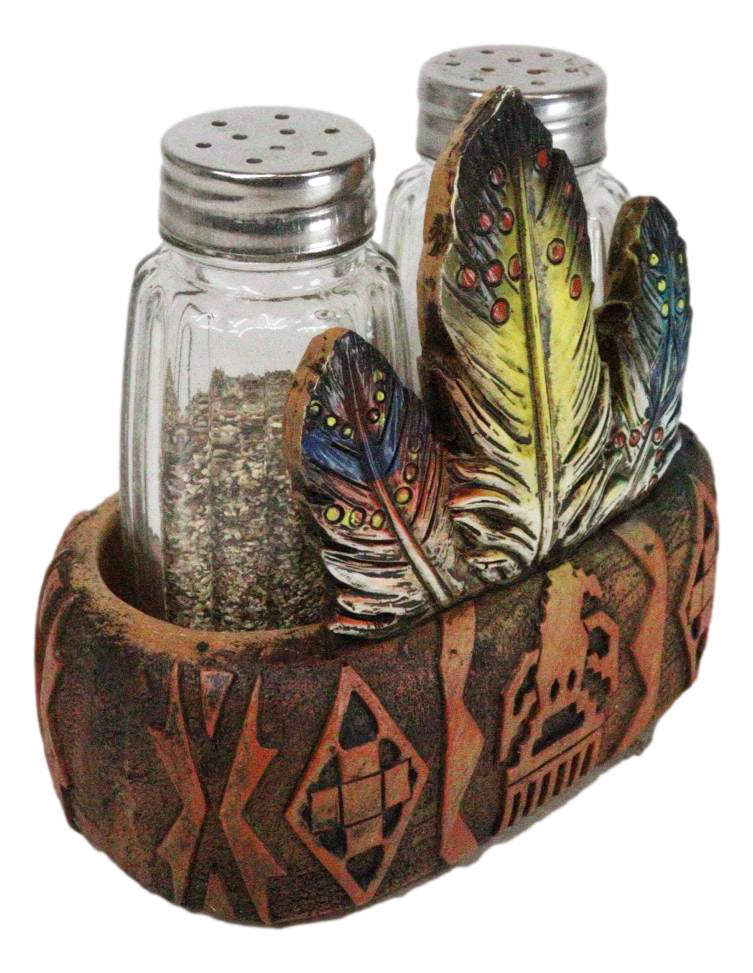 Southwestern Native American Indian Eagle Feathers Glass Salt Pepper Shakers Set