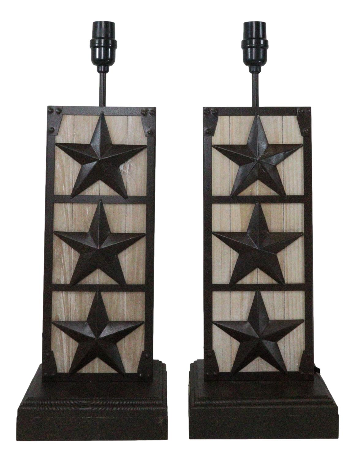 Set of 2 Rustic Western Triple Lone Stars Wood And Metal Bedside Table Lamps