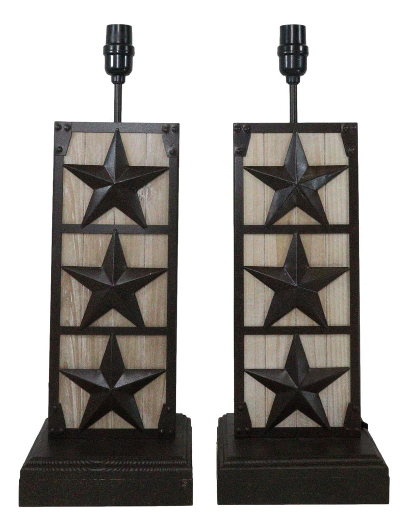 Set of 2 Rustic Western Triple Lone Stars Wood And Metal Bedside Table Lamps
