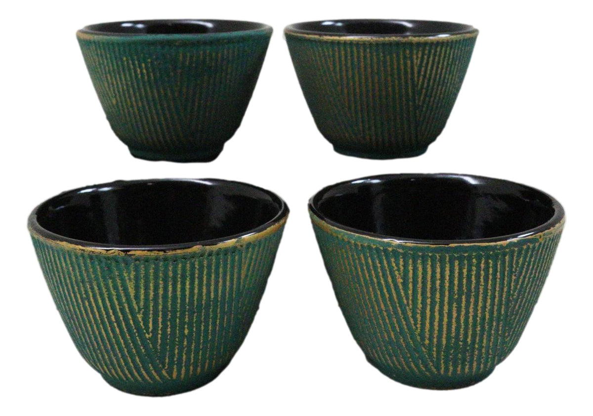 Pack Of 4 Green With Gold Hues Cast Iron Tetsubin Textured Tea Cups 3oz