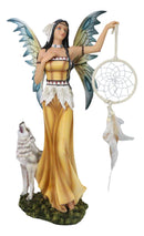 Large Native Indian Fairy Pocahontas Holding Dreamcatcher With Grey Wolf Statue