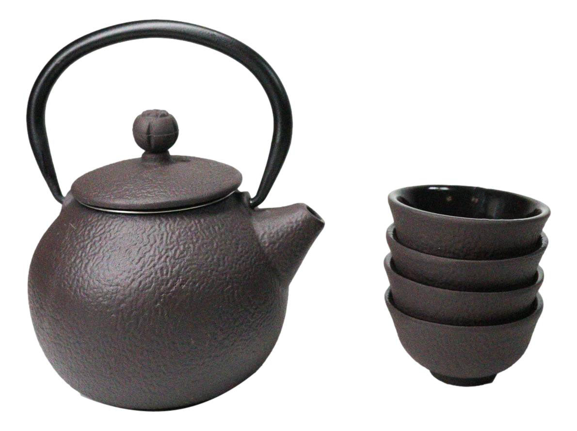 Round Dark Brown Textured Petite Cast Iron Teapot 10oz With 4 Mini Tea Cups Set