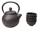 Round Dark Brown Textured Petite Cast Iron Teapot 10oz With 4 Mini Tea Cups Set