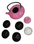 Magenta Ume Plum Floral Blossoms Tetsubin 27oz Cast Iron Tea Pot With 4 Cups Set