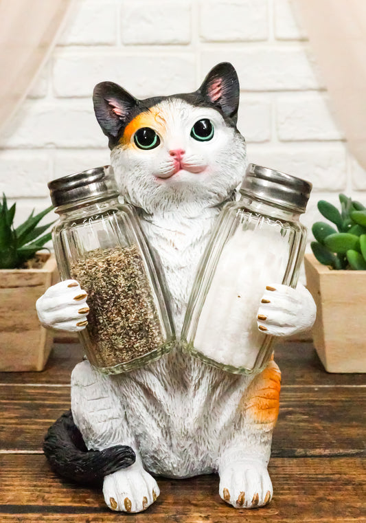 Ebros Adorable Calico Furry Feline Kitty Cat Salt Pepper Shakers Holder Figurine 8.25" H - Ebros Gift