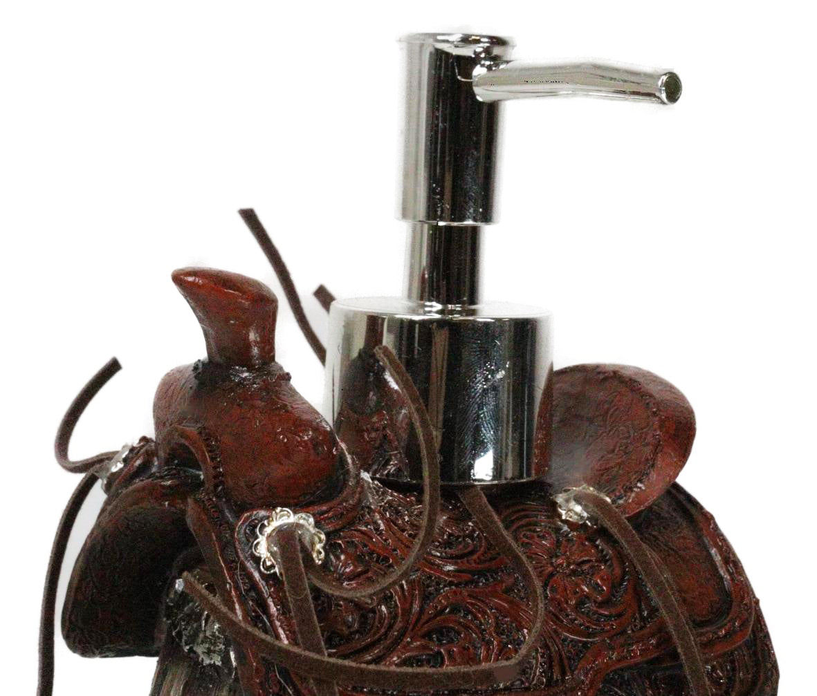 Rustic Western Faux Leather Cowboy Horse Saddle On Barrel Soap Pump Dispenser