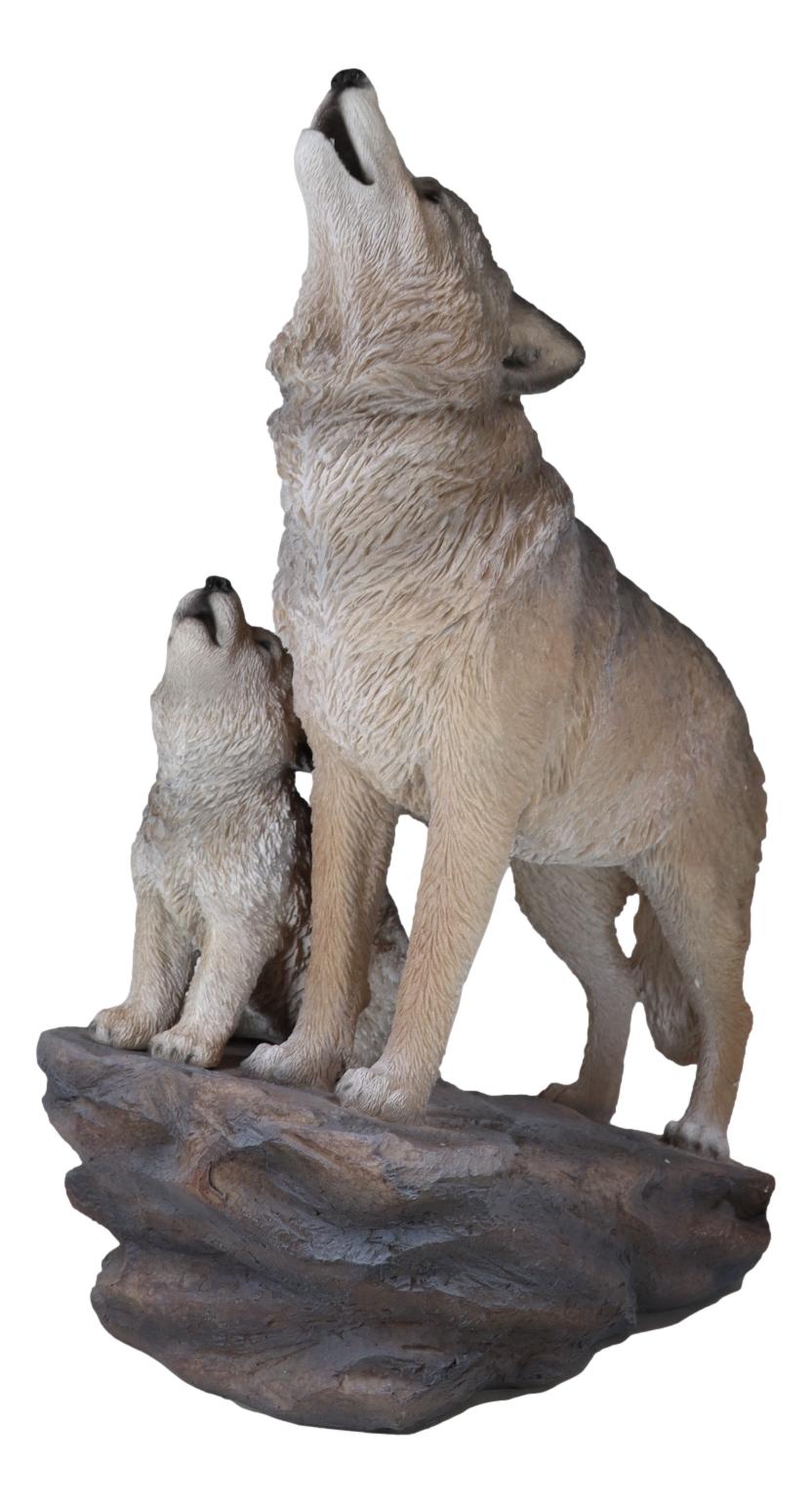 Large Full Moon Howling Spirit Wolf Alpha With Puppy On Rock Ledge Statue 15.5"H