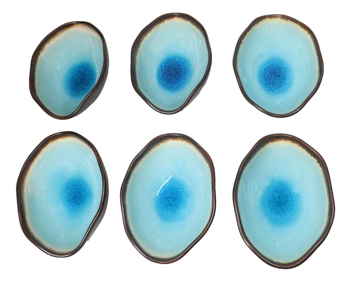 Pack Of 6 Blue Aozora Kannyu Porcelain Irregular Shaped Small Rice Bowls 10oz
