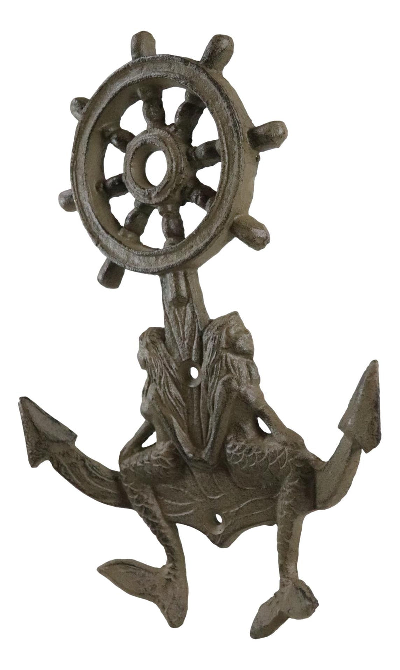 Cast Iron Rustic Nautical Mermaids On Ship Anchor And Helm Double Wall Hooks