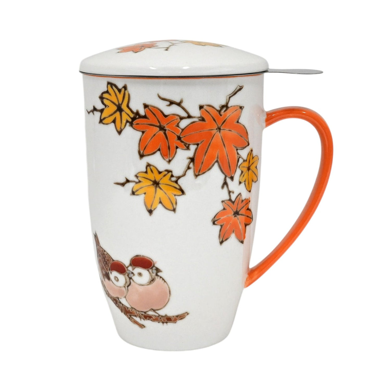 Sparrows Maple Leaves 15oz Porcelain Tea Mug With Lid & Stainless Steel Infuser