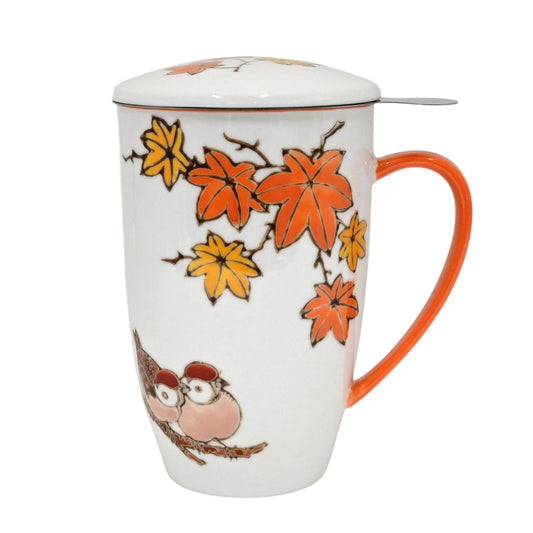 Sparrows Maple Leaves 15oz Porcelain Tea Mug With Lid & Stainless Steel Infuser