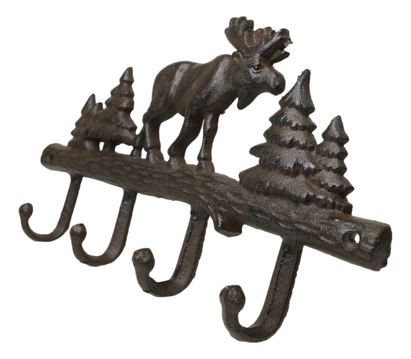 Cast Iron Rustic Western Elk Moose Deer Roaming Pine Woodlands 4-Peg Wall Hooks