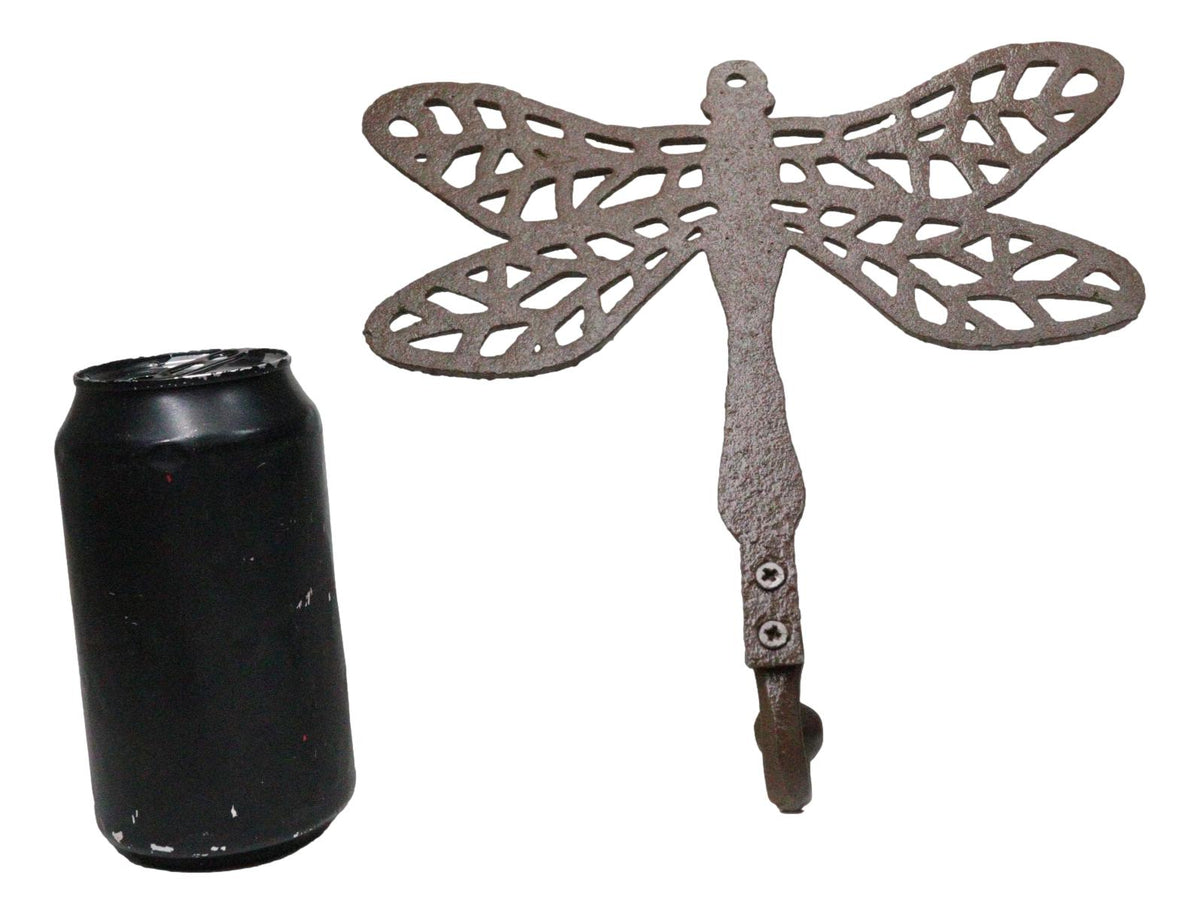 Set Of 2 Rustic Cast Iron Dragonfly with Scrollwork Filigree Wings Wall Hooks - Ebros Gift