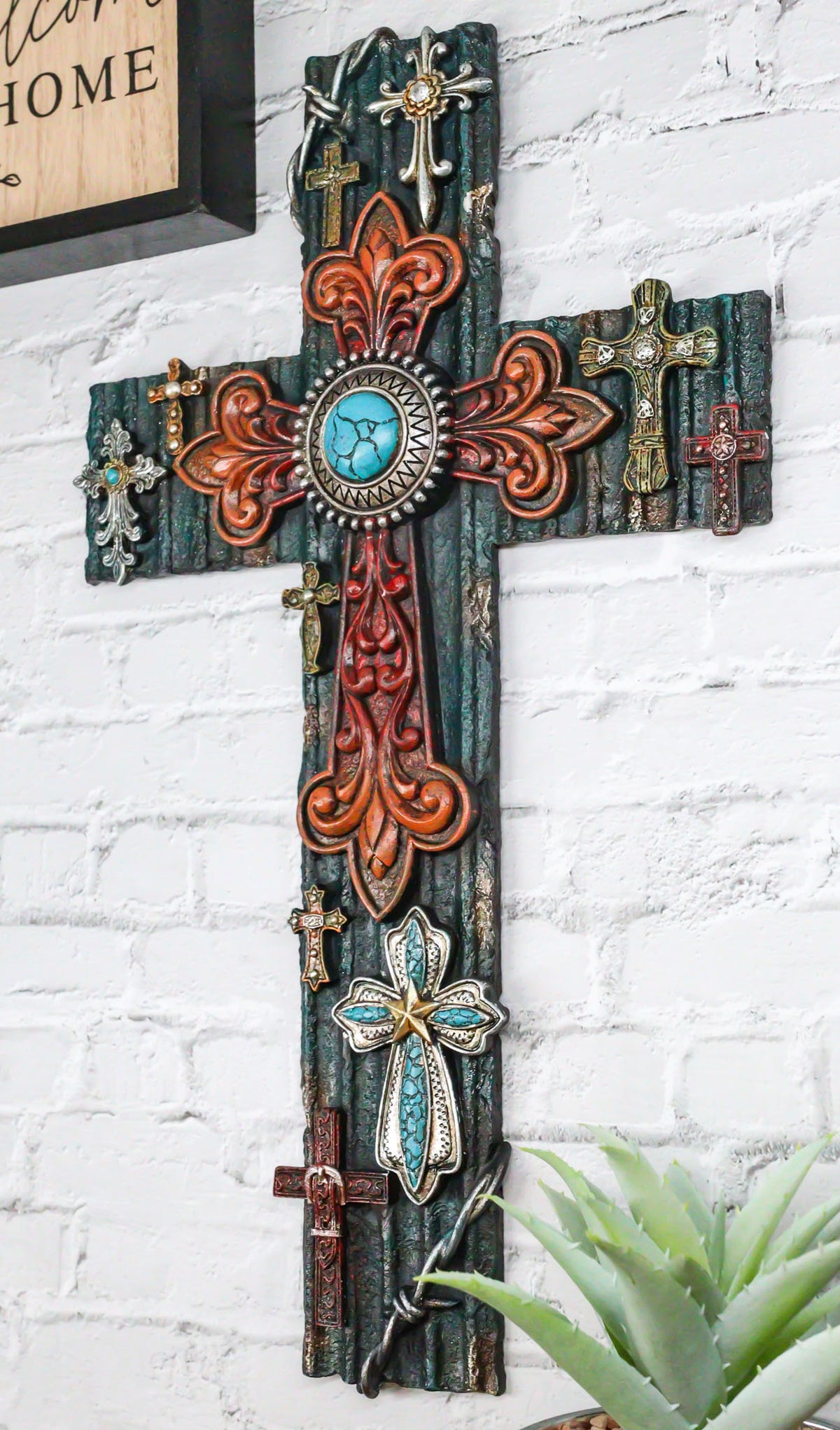 Rustic Western Layered Crosses Fleur De Lis Cowboy Turquoise Tooled Wall Cross