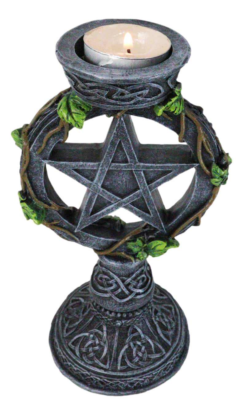 Wicca Pentagram Star In Circle With Celtic Knotwork Ivy Vine Votive Candleholder