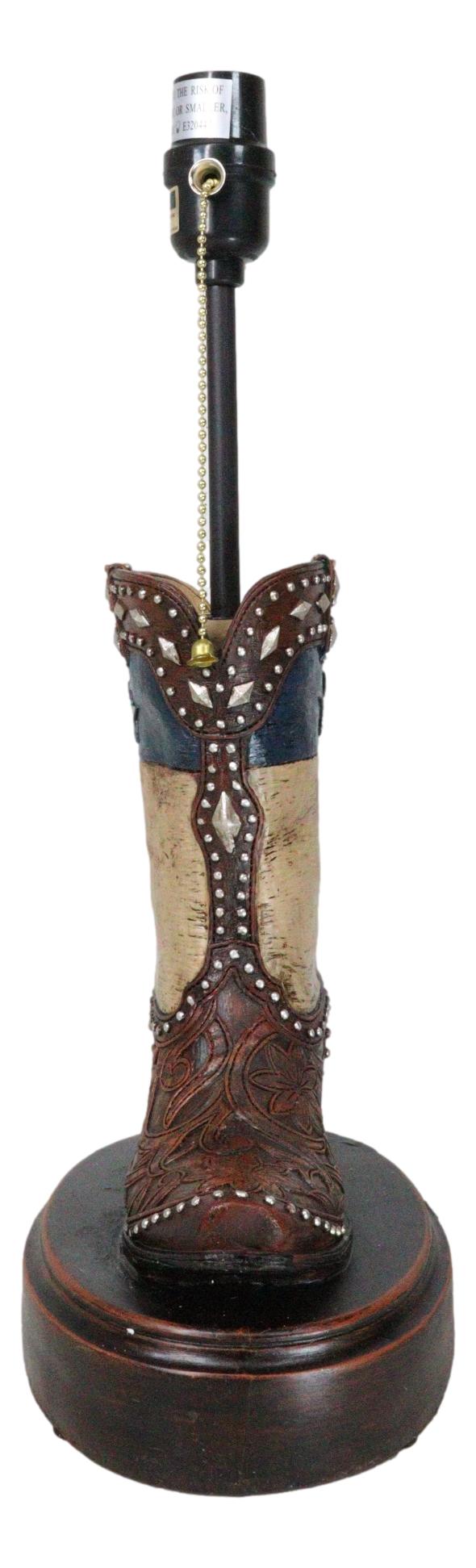 Western Floral Tooled Leather Texas State Flag Cowboy Boot Desktop Table Lamp