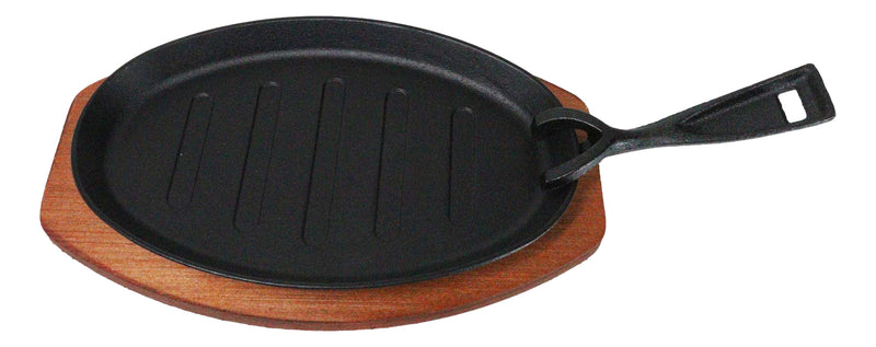 Personal Size Cast Iron Oval Fajita Steak Pan Skillet With Wood Trivet Base