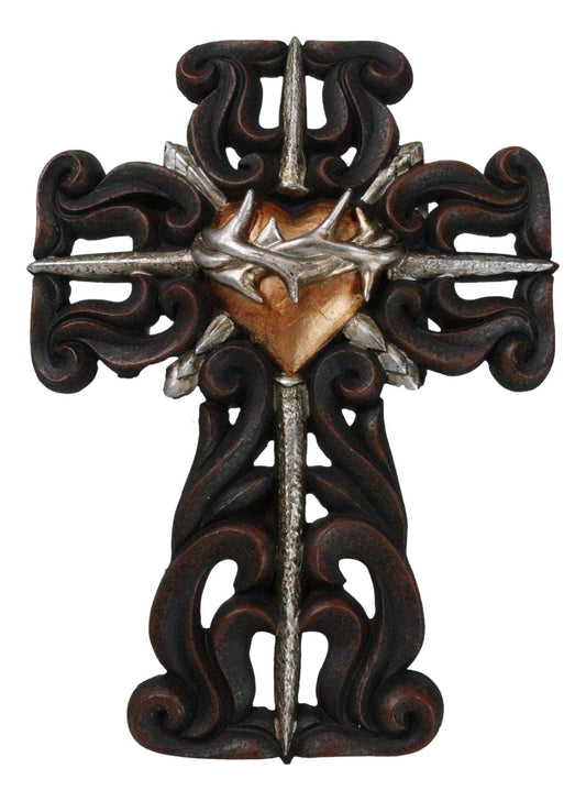 Rustic Sacred Heart Crown of Thorns And Spike Nails Faux Wooden Wall Cross Decor