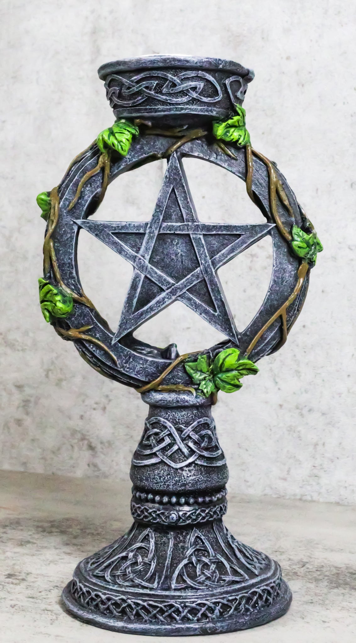 Wicca Pentagram Star In Circle With Celtic Knotwork Ivy Vine Votive Candleholder