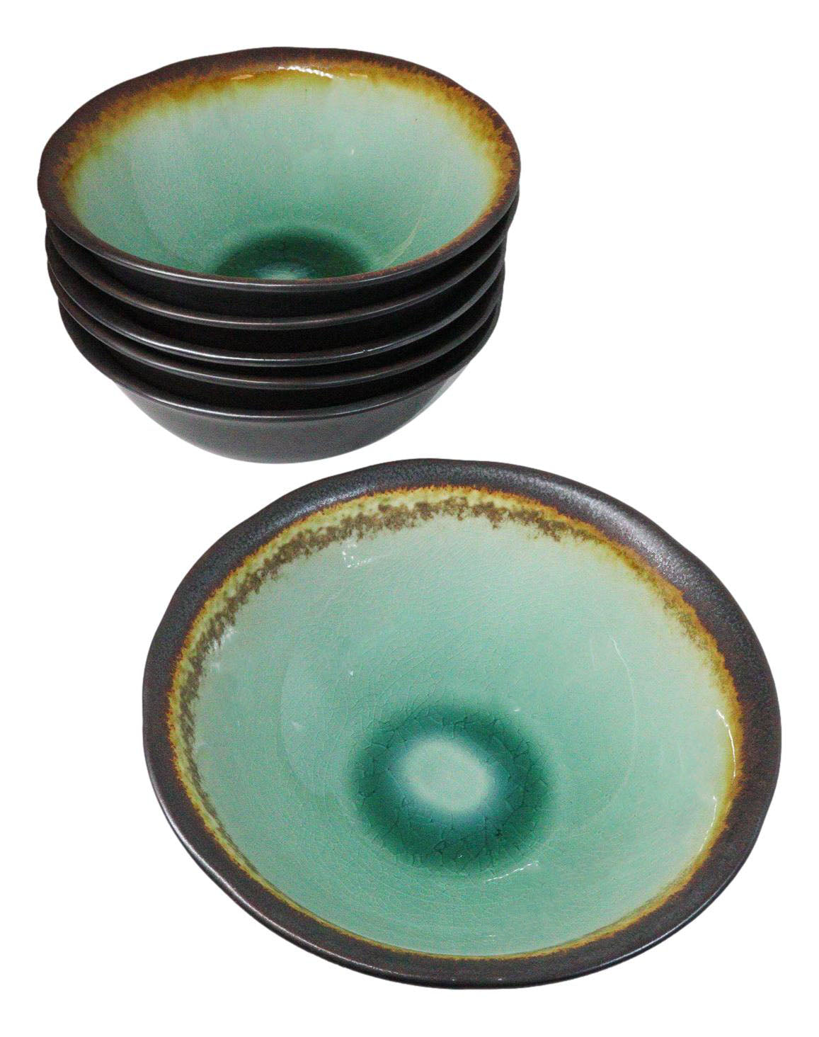 Pack Of 6 Crackle Green Midori Kannyu Ceramic Large Ramen Soup Bowls 47oz