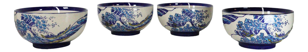 Pack Of 4 Blue Japanese Hokusai Great Wave Ceramic Soup Rice Salad Bowls 22oz