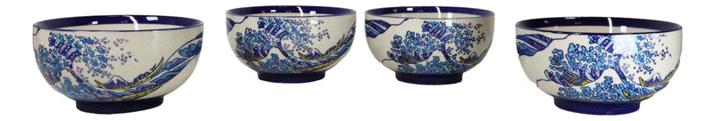 Pack Of 4 Blue Japanese Hokusai Great Wave Ceramic Soup Rice Salad Bowls 22oz