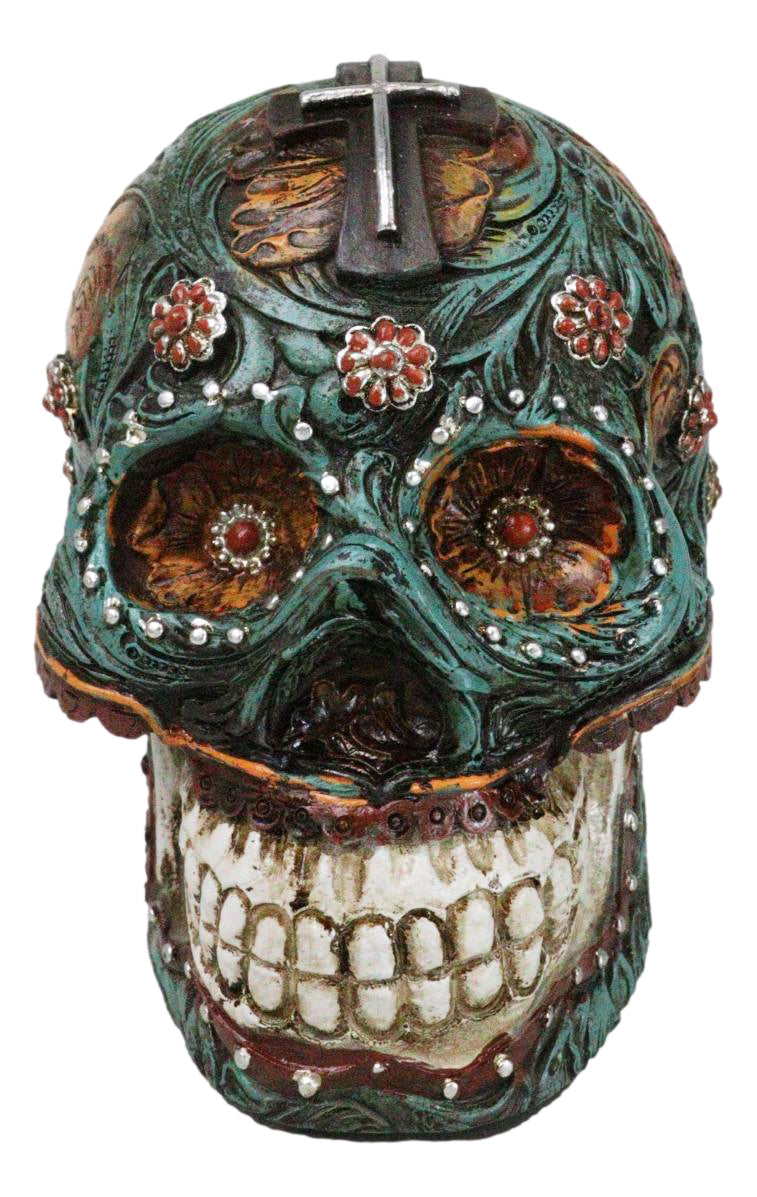 Faux Leather Turquoise Floral Scrollwork with Layered Cross Skull Money Bank