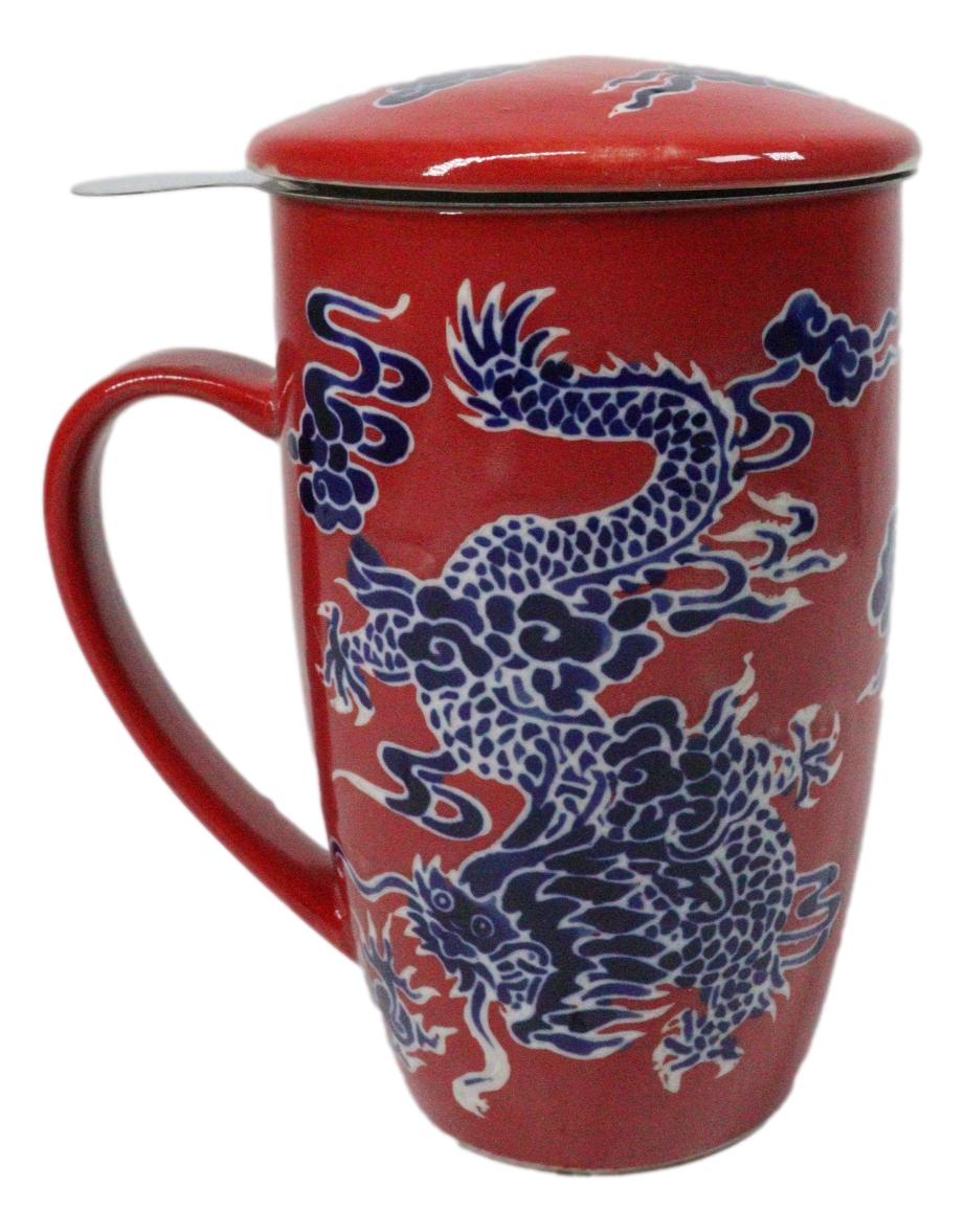 Red Oriental Dragon King 15oz Porcelain Tea Mug With Lid Stainless Steel Infuser