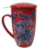 Red Oriental Dragon King 15oz Porcelain Tea Mug With Lid Stainless Steel Infuser