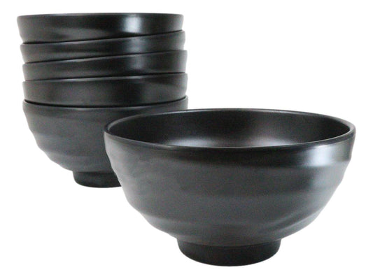 Pack Of 6 Modern Ridged Matte Black Melamine Deep Ramen Soup Pasta Bowls 46oz
