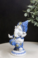 Blue White Hindu Elephant God Dancing Ganesha With Mridangam Drum Figurine