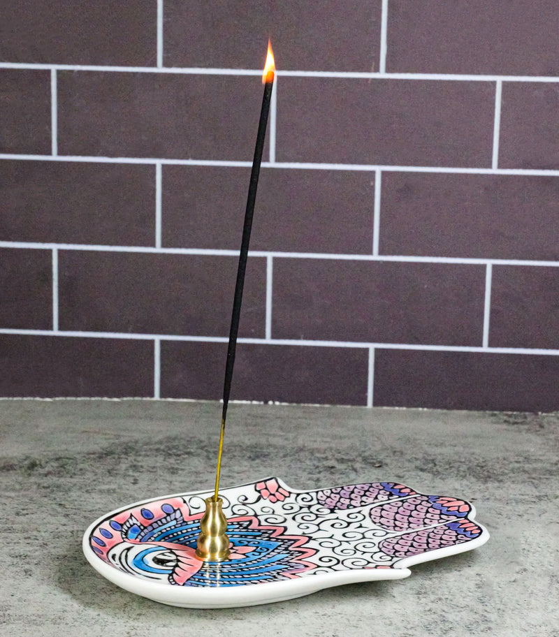 Pink Chakra Hamsa Palm Mandala and Evil Eye Ceramic Dish Brass Incense Holder