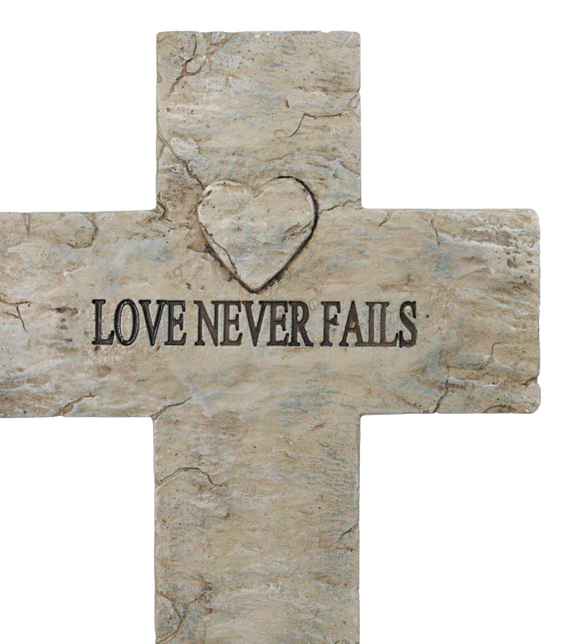 Rustic Inspirational Tuscany Vintage Love Never Fails Heart Relief Wall Cross
