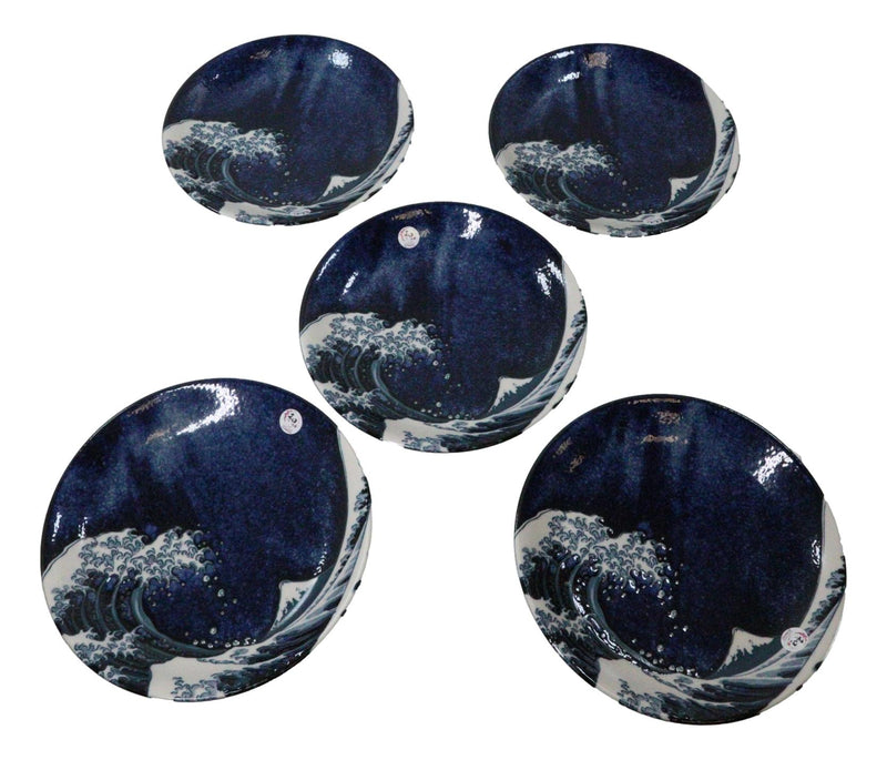 Set Of 5 Hokusai The Great Wave Of Kanagawa Mount Fuji 10"D Round Dinner Plates