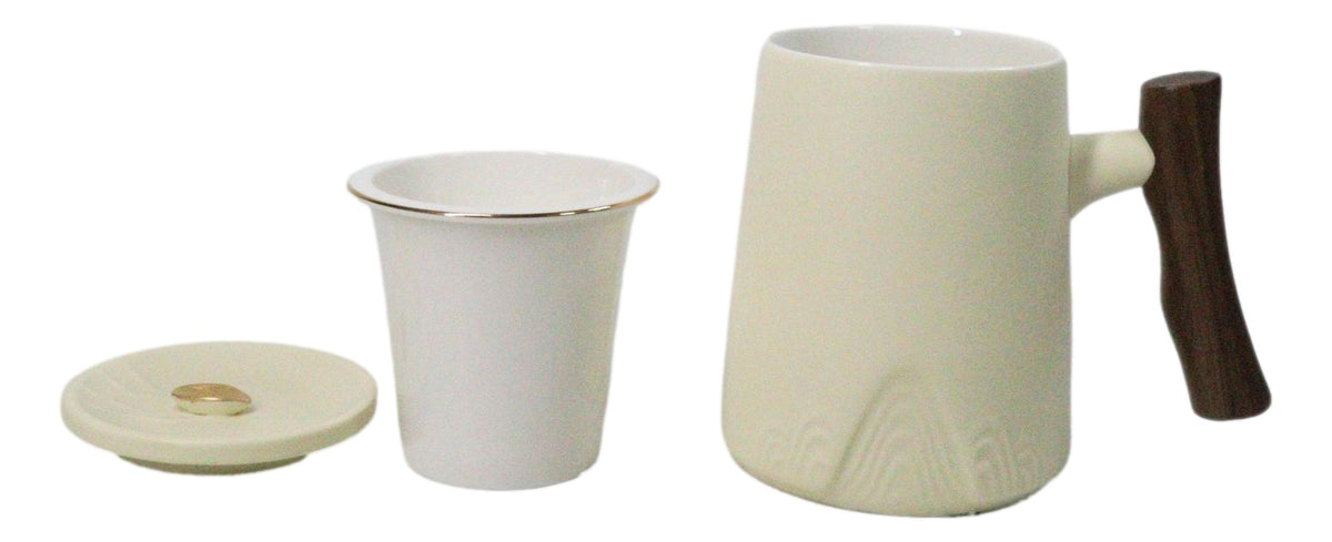White 15 Oz Chic Porcelain Tea Mug with Wooden Handle, Lid and Infuser